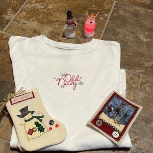 Winter shirt, ornaments and figurines.